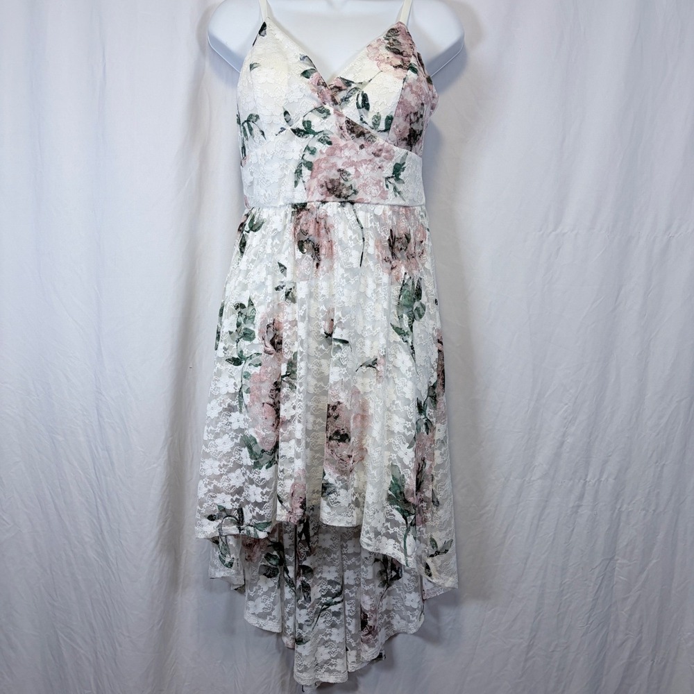 Lily Rose Dress High-Low Floral Lace Ivory Mauve Sage V-Neck Size M